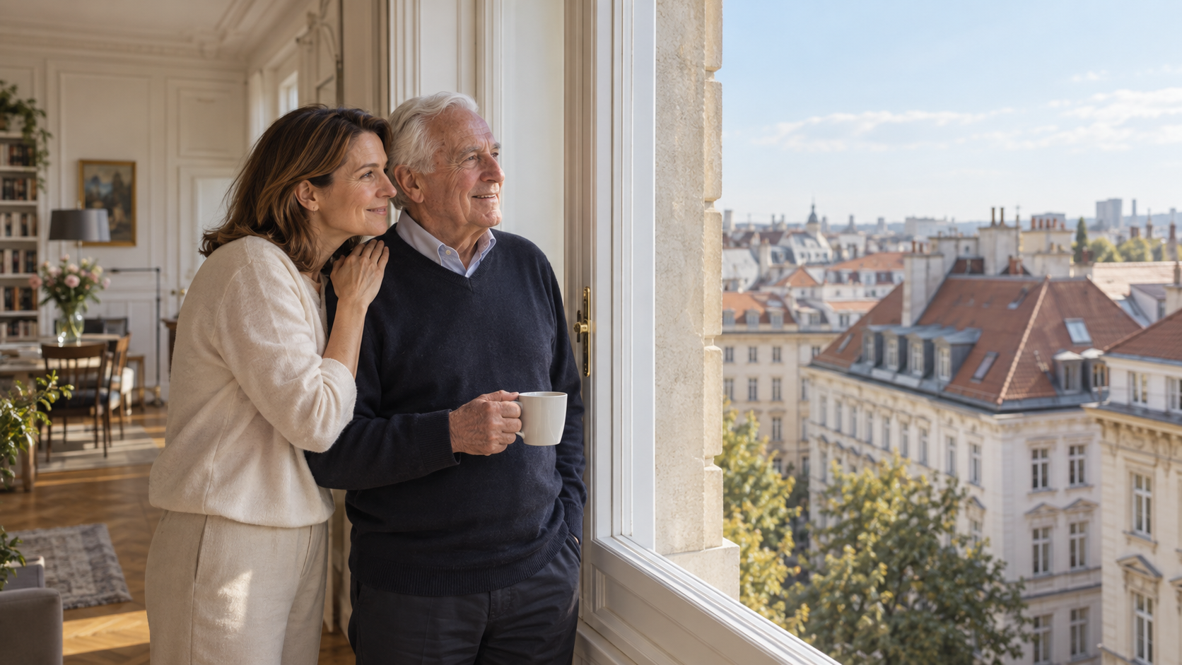 Zwei Generationen in einer hellen Wiener Wohnung